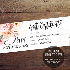 Modèle modifiable de certificat-cadeau de fête des mères, coupon-cadeau de massage spa personnalisé fleurs de pivoine de maman, bricolage instantané de dernière minute imprimable