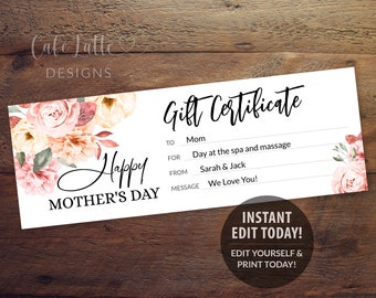 Mothers Day Gift Certificate Editable Template, Personalized Spa Massage Gift Coupon Mom Peony Flowers, Instant DIY Last Minute Printable