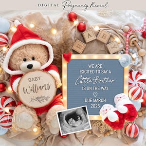 Anuncio de género de hermanito de Navidad, anuncio de embarazo de bebé varón digital para redes sociales, plantilla editable de osito de peluche de Papá Noel