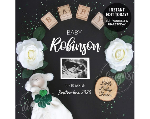 ST PATRICKS Day Pregnancy Announcement Editable, Baby Announcement Edit Yourself March, Digital Instant Download Reveal Social Media, Diy Il_570xn