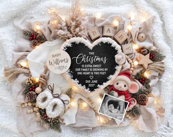 Christmas Pregnancy Reveal Digital, Baby Announcement, Winter Baby Neutral Boho Template DIY, Mouse