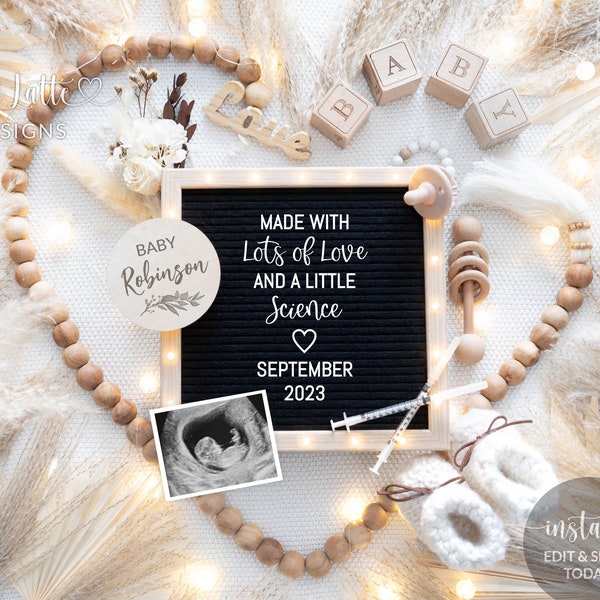 IVF Pregnancy Announcement For Social Media, Made With Love And Science Gender Neutral Baby, Editable Digital DIY Template, Heart Wood Beads