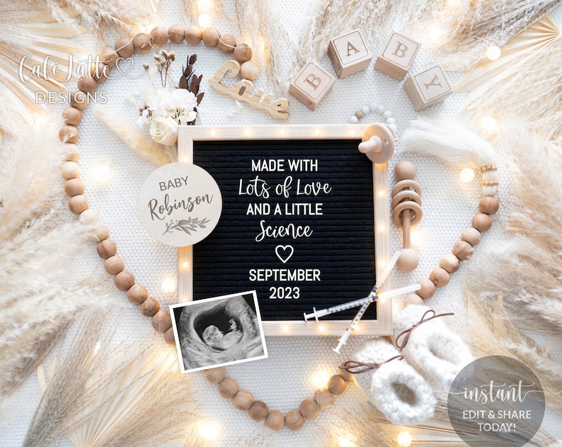 IVF Pregnancy Announcement For Social Media, Made With Love And Science Gender Neutral Baby, Editable Digital DIY Template, Heart Wood Beads image 1