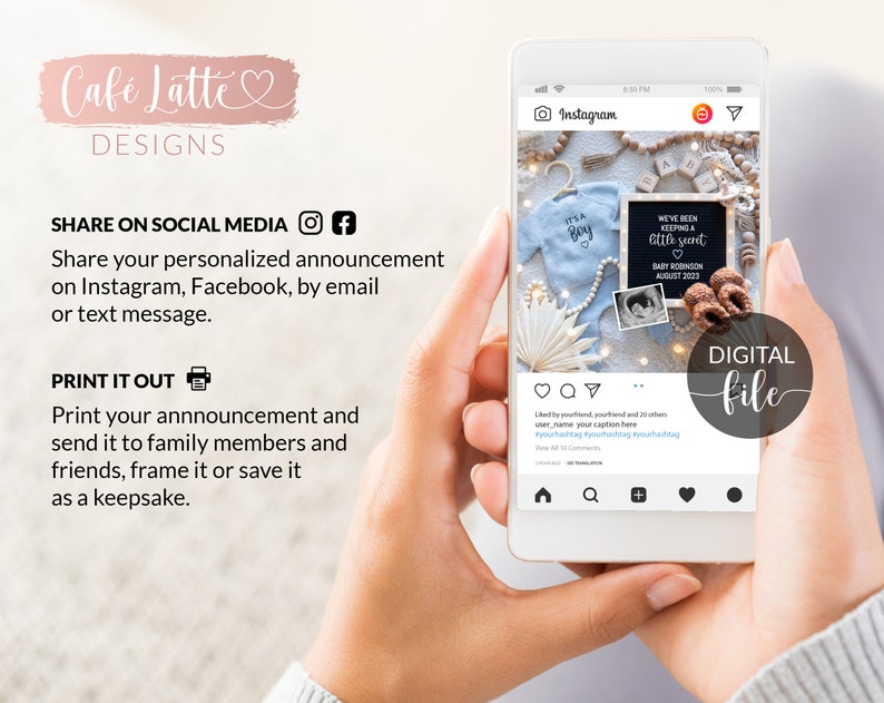 May include: A digital file for a baby announcement on Instagram. The image shows a blue onesie with the text "It's a Boy", a chalkboard with the text "We've been keeping a little secret", a baby's ultrasound photo, and a string of lights.