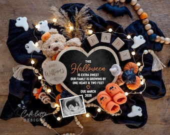 Anuncio digital de embarazo para Halloween, plantilla de anuncio de embarazo para redes sociales, anuncio de bebé para Halloween, plantilla editable DIY