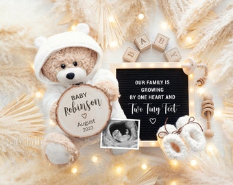 Bear Pregnancy Announcement Digital Reveal For Social Media, Baby Announcement Digital Boho Pampas Gender Neutral Image, Keeping a Secret