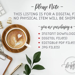 Puede incluir: Un fondo blanco con una taza de caf&eacute;, un teclado, un portapapeles, un bol&iacute;grafo y una planta. El texto de la imagen dice: "Tenga en cuenta - Esta lista es para un archivo digital. No se enviar&aacute; ning&uacute;n art&iacute;culo f&iacute;sico - est&aacute; comprando un - &bull; Descarga instant&aacute;nea &bull; Archivo digital(es) &bull; Archivo PDF editable(s) &bull; Archivo JPG(s) CAF&Eacute; LATTE designs"