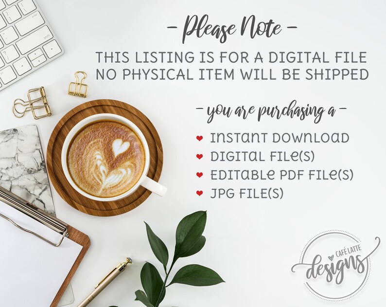 Puede incluir: Un fondo blanco con una taza de caf&eacute;, un teclado, un portapapeles, un bol&iacute;grafo y una planta. El texto de la imagen dice: "Tenga en cuenta - Esta lista es para un archivo digital. No se enviar&aacute; ning&uacute;n art&iacute;culo f&iacute;sico - est&aacute; comprando un - &bull; Descarga instant&aacute;nea &bull; Archivo digital(es) &bull; Archivo PDF editable(s) &bull; Archivo JPG(s) CAF&Eacute; LATTE designs"