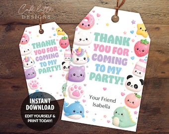 May include: Two white rectangular gift tags with rounded top corners and brown string, featuring the text THANK YOU FOR COMING TO MY PARTY! and Your Friend Isabella, surrounded by colorful illustrations of a unicorn, panda, whale, donut, and strawberry.