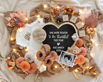 Thanksgiving Pregnancy Announcement Social Media, Gender Neutral Boho Thanksgiving Baby, Digital Editable DIY Template, Autumn Baby