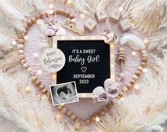 Girl Baby Gender Reveal For Social Media, Boho Pink Pregnancy Announcement, Editable Digital Template Letter Board & Pampas Heart Sweet Girl