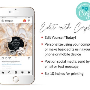 May include: A digital phone screen displaying an Instagram post with a photo of a chalkboard sign that says "We're expecting somebunny" with a due date of October 2023. The sign is surrounded by white bunny ears, a small wooden box, and a pair of baby booties. The post is captioned "I liked it, your friend, and 23 others. user_name your caption here #yourhashtag #yourhashtag #yourhashtag". The phone screen is surrounded by a white background with the text "Edit with Corjl" and a list of features: "Edit Yourself Today!", "Personalize using your computer or make basic edits using your phone or mobile device", "Post on social media, send by email or text message", and "8 x 10 inches for printing".