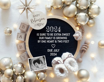 New Years Digital Pregnancy Announcement For Social Media, New Year Digital Boho Baby, One Heart Two Feet Editable Template Letter Board DIY