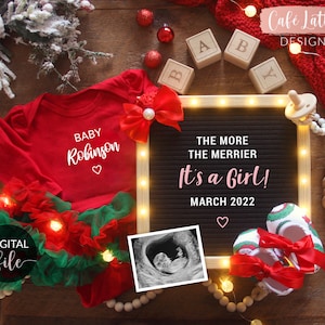 Digital Girl Christmas Gender Reveal for Social Media, Its a Girl, The More The Merrier Letter Board Boho Pregnancy Announcement, Instagram