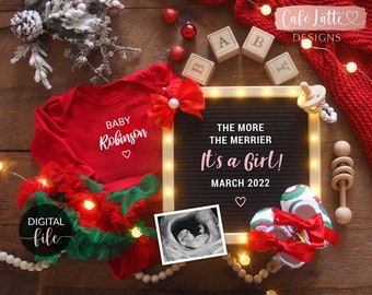 Digital Girl Christmas Gender Reveal for Social Media, Its a Girl, The More The Merrier Letter Board Boho Pregnancy Announcement, Instagram