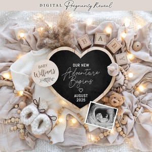 Annuncio di gravidanza Boho digitale digitale per i social media, bambino di genere neutro, modello modificabile, inizia una nuova avventura, piccolo orsacchiotto