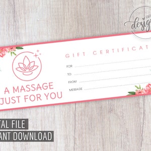 Certificado de regalo de masaje, certificado de regalo imprimible, cupón de regalo para mamá y hermana, regalo de aniversario, descarga instantánea, idea de tarjeta de regalo Lotus DIY