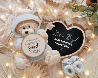 Boy Gender Reveal Digital, Its a Boy Pregnancy Announcement For Social Media, Bohemian Blue Boy Teddy Bear With Heart, Keeping a Secret