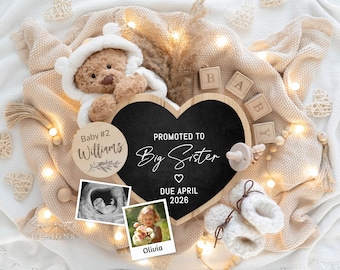 Big Sister Pregnancy Announcement Digital, 2nd Child Baby Announcement Digital, Editable Template, Instant Download, Bear Promoted Sibling