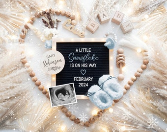 Snowflake Boy Gender Reveal, Boy Baby Pregnancy Announcement For Social Media, Digital Winter Christmas Heart Boho, Editable Template DIY