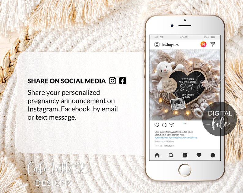 May include: A digital file of an Instagram post announcing a pregnancy. The post features a heart-shaped chalkboard with the text "We've been keeping a little secret" and the date "September 2024". The chalkboard is surrounded by a white stuffed lamb, wooden blocks spelling "baby", and a string of fairy lights.