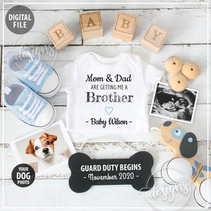 Anuncio de bebé varón con temática de perro, anuncio de embarazo, revelación de género, hermano, es un niño, idea personalizada para redes sociales