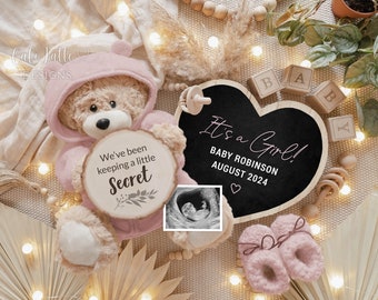 Girl Gender Reveal Digital, Its a Girl Pregnancy Announcement For Social Media, Bohemian Pink Girl Teddy Bear With Heart, Keeping a Secret