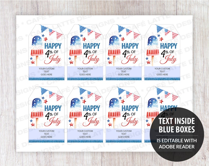 Fourth of July gift tags editable template, 4th of July gift tags printable, July 4 personalized custom labels, Red white and blue popsicle gift tags, Company business corporate 4th of July food labels DIY