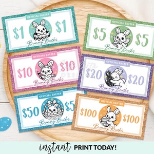Dinero de conejo de Pascua imprimible, billetes de dólar de conejo de Pascua, relleno para búsqueda de huevos de Pascua, juego de Pascua para niños imprimible