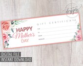 MOTHER'S DAY Gift Certificate, Printable Gift Coupon Mom Grandma, Peony Flowers Gift Card Instant Download, Idea for Her Spa Massage Facial Il_170x135