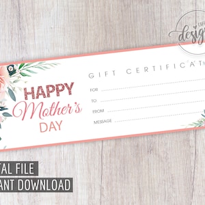 Certificat-cadeau de la fête des mères, coupon-cadeau imprimable maman grand-mère, carte-cadeau de fleurs de pivoine Téléchargement instantané, idée pour son visage de massage spa