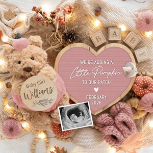 May include: A baby announcement featuring a teddy bear wearing a pink outfit and holding a wooden sign that reads "Baby Girl Williams." A pink heart-shaped sign says "We're adding a Little Pumpkin to our Patch" and "February 2026."