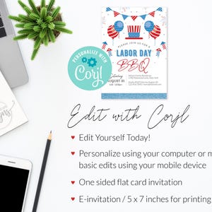 Labor Day BBQ invitation editable template, Printable summer BBQ invitation, Personalized custom invite for Labor Day, Red white and blue invitation card, Party in the USA Digital invitation email text message, Labor Day Pool Party, DIY