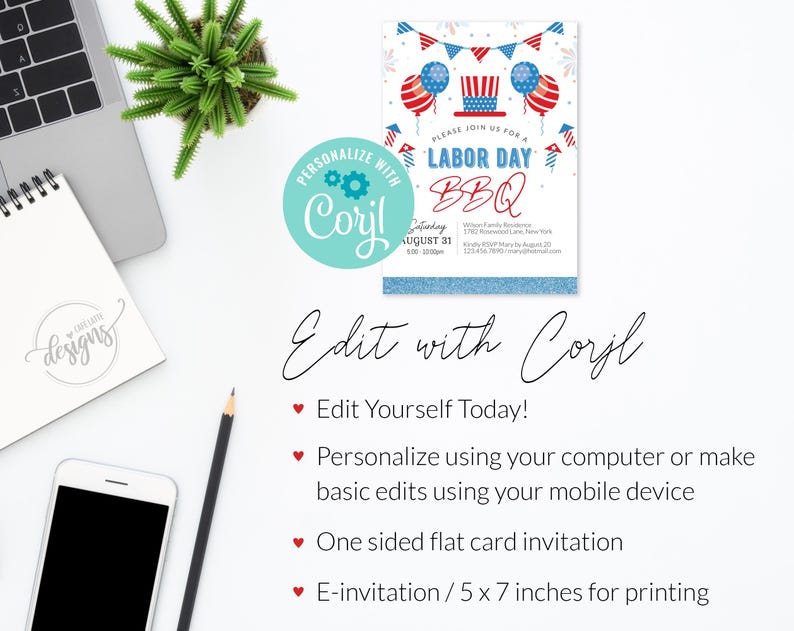Labor Day BBQ invitation editable template, Printable summer BBQ invitation, Personalized custom invite for Labor Day, Red white and blue invitation card, Party in the USA Digital invitation email text message, Labor Day Pool Party, DIY