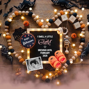 Halloween Gender Reveal Digital, modèle d&#39;annonce de grossesse fille sur les réseaux sociaux, faire-part petite fille, Je sens une fille, DIY modifiable