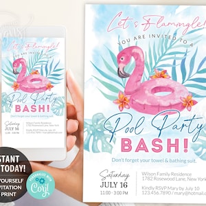 Modèle modifiable d'invitation de flamant rose de piscine, invitation d'été imprimable de partie de piscine, permet d'inviter de flamant, numérique de Bash de partie de piscine