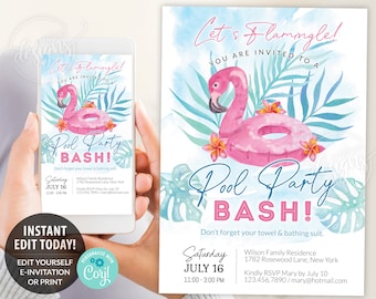 May include: A pink flamingo pool float with tropical leaves and flowers on a blue watercolor background. The text "Let's Flamingle! You are invited to a Pool Party Bash!" is written in a white script font. The text "Don't forget your towel & bathing suit." is written in black. The text "Saturday JULY 16 11:00-3:00 PM" is written in black. The text "Wilson Family Residence 1782 Rosewood Lane, New York Kindly RSVP Mary by July 10 123.456.7890/mary@hotmail.com" is written in black.
