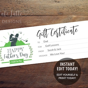 Certificado de regalo de GOLF Plantilla editable imprimible, cupón de regalo de golf del día del padre para papá, lecciones de golf, regalo instantáneo de último minuto DIY Corjl
