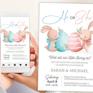 Plantilla editable de invitación de revelación de género de Pascua, él o ella Little Bunny Be E-Invitation Party Invite, tarjeta digital, bricolaje imprimible instantáneo