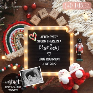 Anuncio de embarazo de bebé arco iris de Navidad editable en redes sociales, arco iris rojo y verde, idea de plantilla digital de tablero de cartas, Instagram DIY
