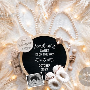 Easter Pregnancy Announcement For Social Media, Somebunny Sweet Boho Digital Gender Neutral Baby, Editable DIY Circle Template, Bunny Ears