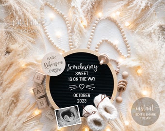 Easter Pregnancy Announcement For Social Media, Somebunny Sweet Boho Digital Gender Neutral Baby, Editable DIY Circle Template, Bunny Ears