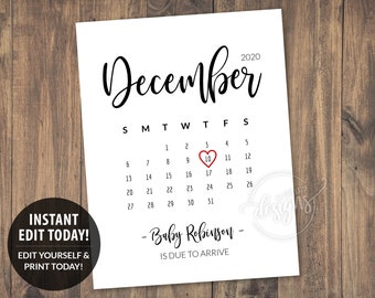 DECEMBER Due Date Calendar Printable, Baby Pregnancy Announcement, Digital Photo Prop, Christmas Editable Corjl, For Husband Grandparents