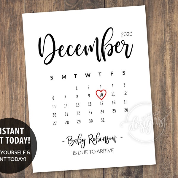 DECEMBER Due Date Calendar Printable, Baby Pregnancy Announcement, Digital Photo Prop, Christmas Editable Corjl, For Husband Grandparents