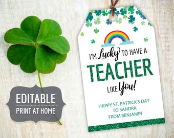 Teacher St. Patricks Day Printable Gift Tags, Editable Personalized Lucky Gift Favor Tags Template with Rainbow Shamrocks, Instant Download
