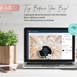 May include: A laptop computer displaying a website with a pregnancy announcement design. The design features a chalkboard with the text "We're expecting Joncbunny" and a baby photo. The website is titled "Cafe Latte Designs" and has a "Personalize with Corjl" button. The laptop is on a white desk with a potted plant and a cell phone.