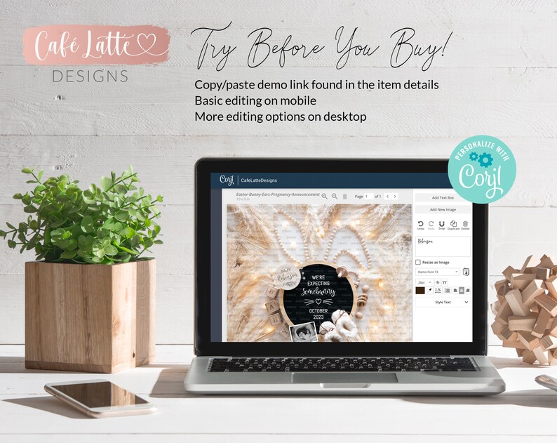 May include: A laptop computer displaying a website with a pregnancy announcement design. The design features a chalkboard with the text "We're expecting Joncbunny" and a baby photo. The website is titled "Cafe Latte Designs" and has a "Personalize with Corjl" button. The laptop is on a white desk with a potted plant and a cell phone.