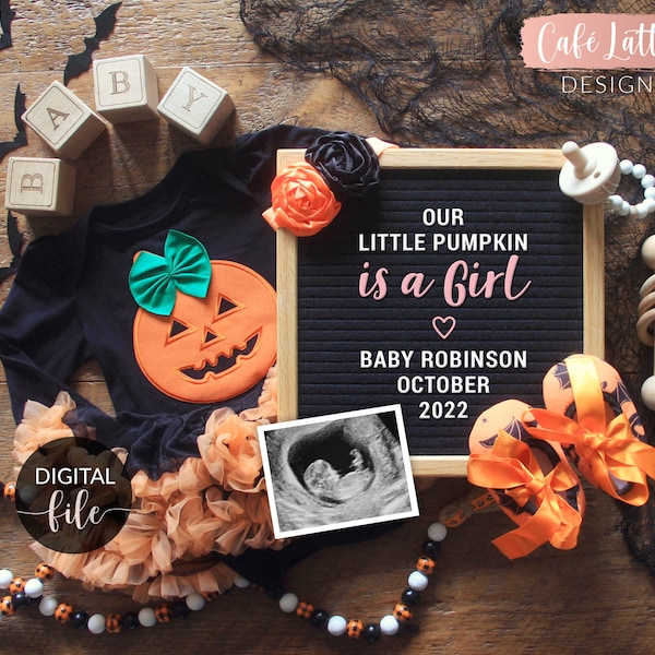 Digital Girl Gender Reveal for Social Media, Our Little Pumpkin is a Girl, Halloween October Pregnancy Announcement Letter Board, Instagram