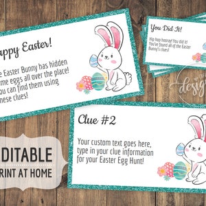 May include: Printable Easter egg hunt clue cards with a turquoise glitter background. Each card features a cute cartoon bunny holding an Easter egg and the text "Clue #2". The text "Your custom text goes here, type in your clue information for your Easter Egg Hunt!" is also included on the card.