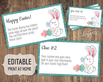 May include: Printable Easter egg hunt clue cards with a turquoise glitter background. Each card features a cute cartoon bunny holding an Easter egg and the text "Clue #2". The text "Your custom text goes here, type in your clue information for your Easter Egg Hunt!" is also included on the card.